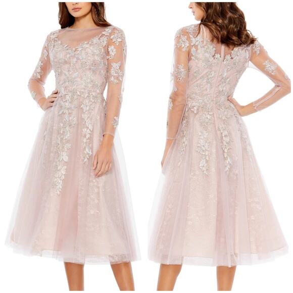 Mac Duggal NWT Sheer Neckline Illusion Sleeve Midi Dress Embroidered Size 14 - Picture 1 of 8